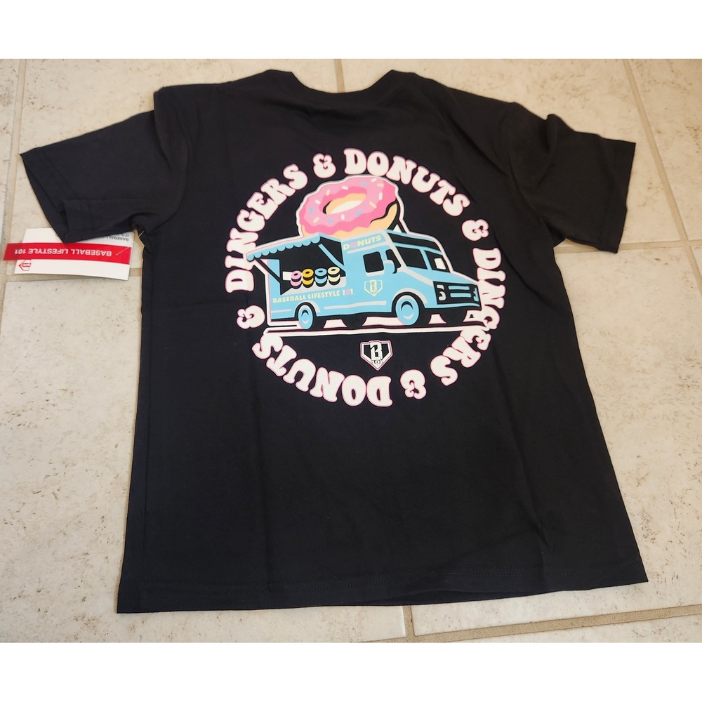 Baseball Lifestyle 101 Dingers & Donuts Youth Small Black T-Shirt NWT